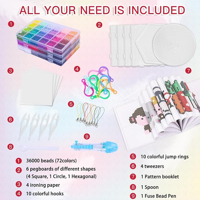 Quefe Fuse Beads Kit 36000 Pcs 72 Colors 2.6mm Mini Beads Craft Kit Including - Image 2