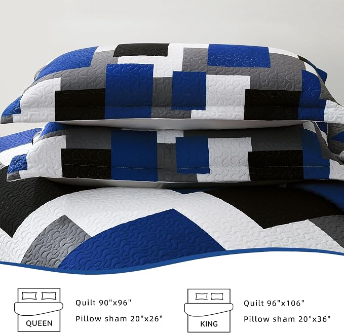 Tyrot 3 Piece Blue White Grey Quilt Set California King Size Black White - Image 7