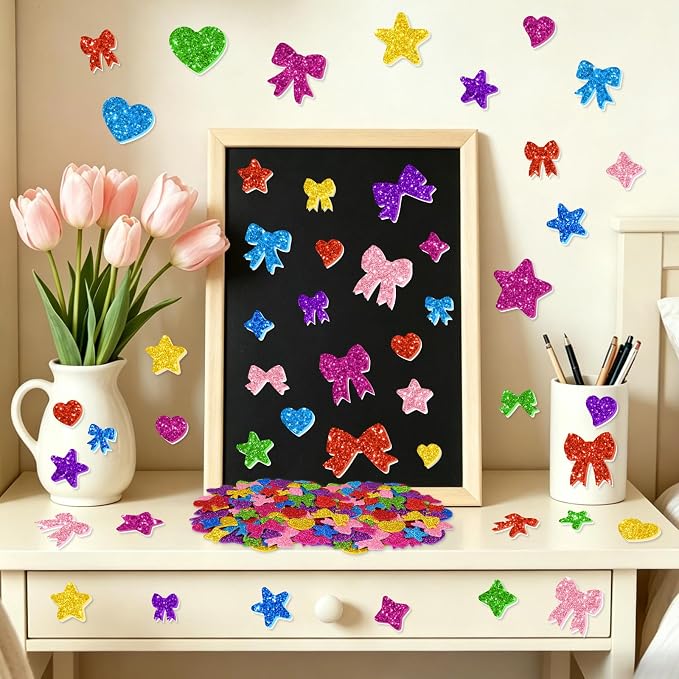 1000PCS Glitter Foam Stickers, Colorful Heart & Bow Stickers, Self-Adhesive - Image 5
