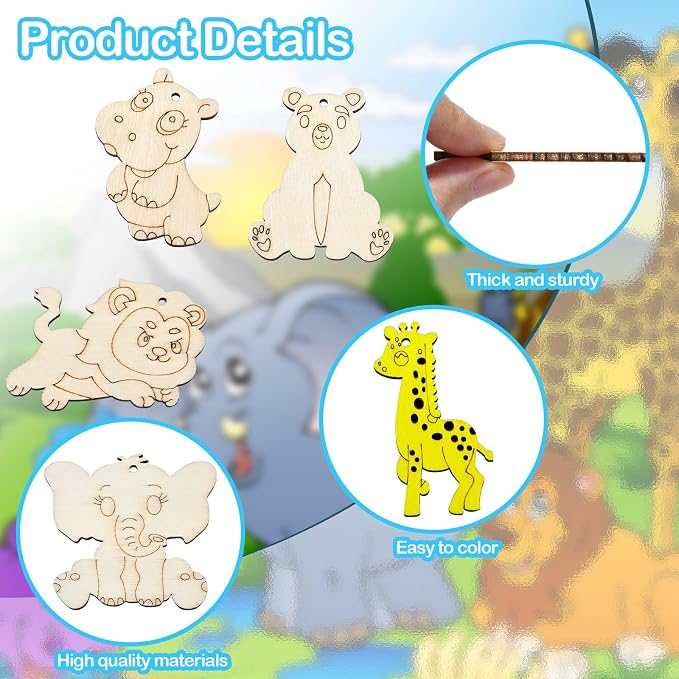 45 Pcs 9 Styles Unfinished Animal Wood Cutouts Cute Horse Lion Bear Wooden - Image 4