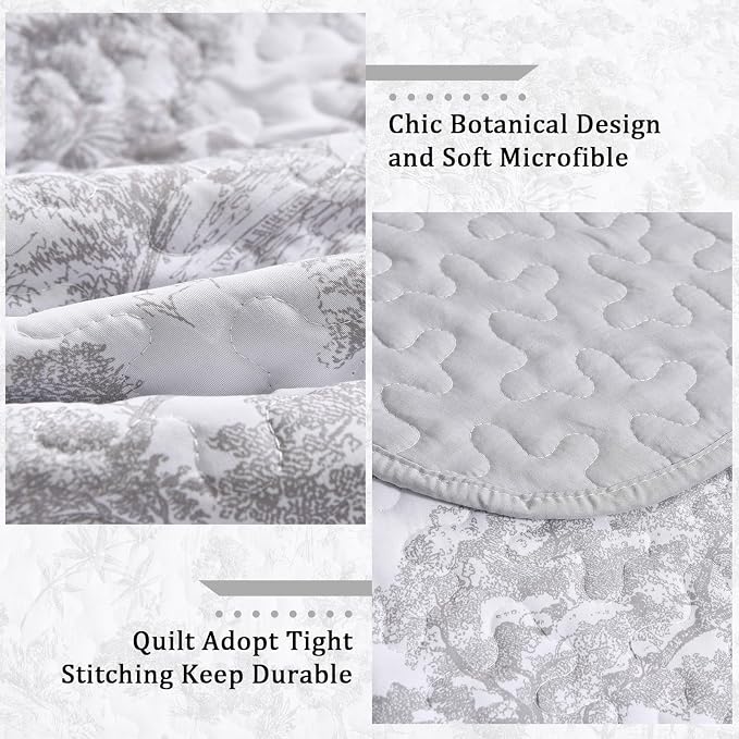 WONGS BEDDING Grey Quilt Set Full Size, 3 Pieces Botanical Bedspreads Set - Image 5