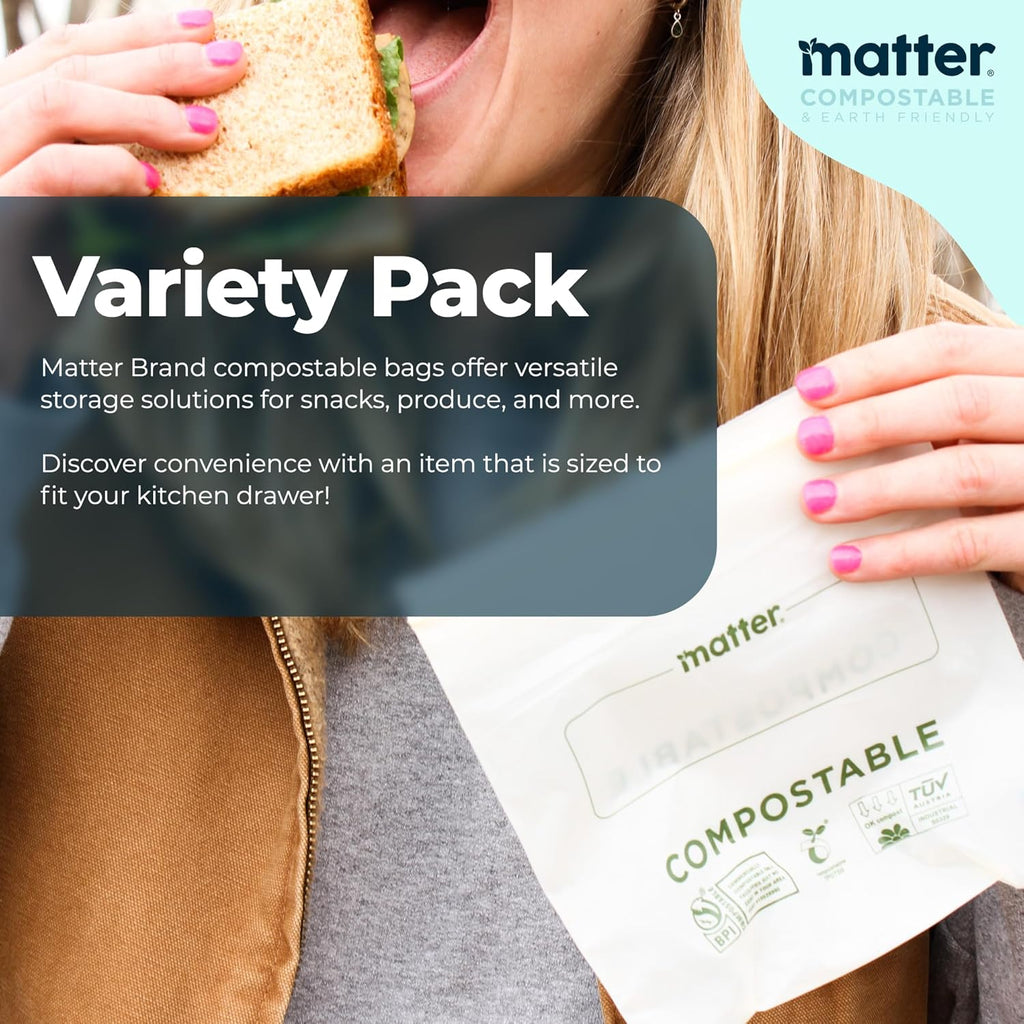 Matter Compostable Assorted Kitchen Bags, 230 Count, Biodegradable, Eco-Friendly Resealable Food Storage Variety Pack, 80 Snack, 80 Sandwich, 50 Quart & 20 Gallon