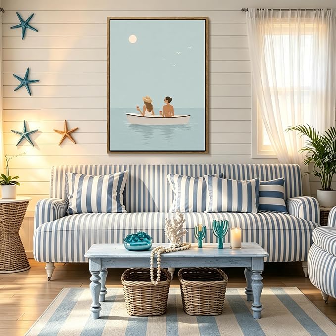 Framed Coastal Women Boat Canvas Wall Art Minimalist Calm Ocean - Image 5