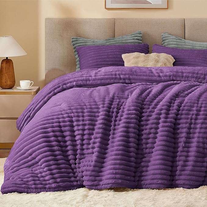 BEDELITE Fleece King Comforter Set -Super Soft & Warm Fluffy Purple Bedding - Image 3