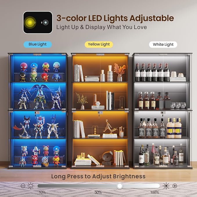Lvifur Display Cabinet with Glass Doors, 4-Tier Bookcase with 3 Color Lights - Image 3