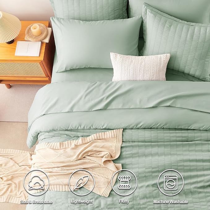 CozyLux King Size Comforter Set Sage Green Seersucker 7 Pieces Bed in a Bag - Image 2