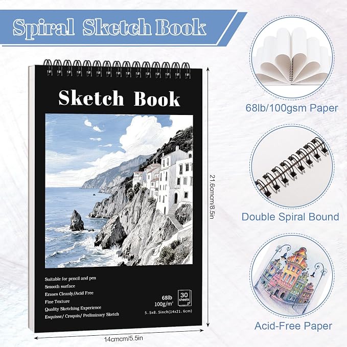 4 Pack Small Sketch Books, 5.5 x 8.5 Inch Mini Sketchbook, 68lb/100gsm Spiral - Image 3