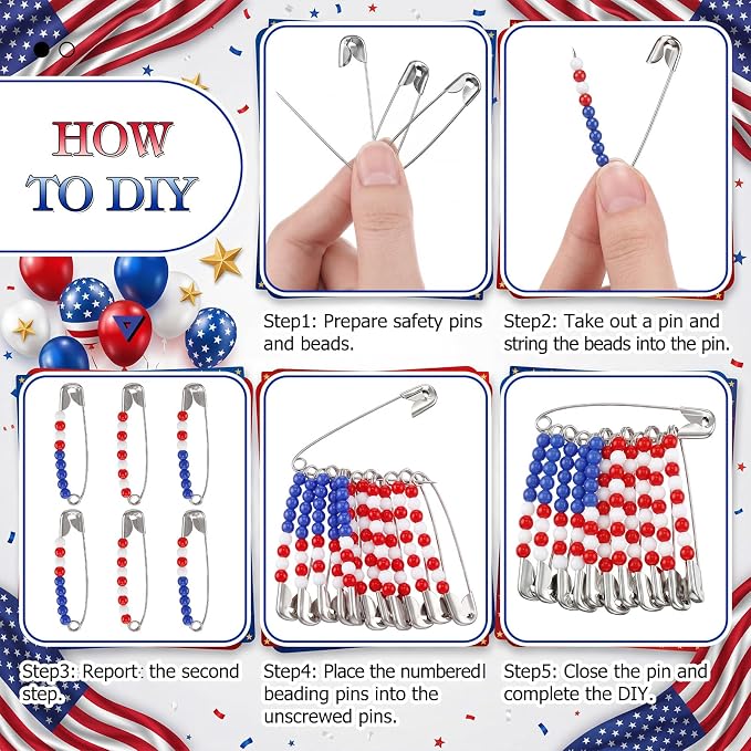 40 Safety Pin Fashion Bulk Include Safety Pin and Small Beads, Flag Bead Craft - Image 4