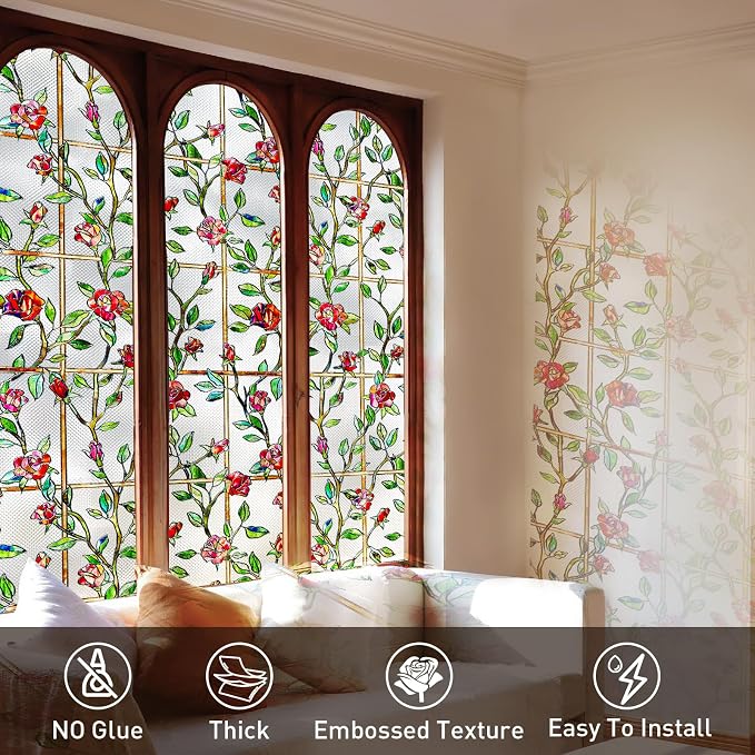 Coavas Window Privacy Film Stained Glass Window Clings 3D Red Rose Decorative - Image 2