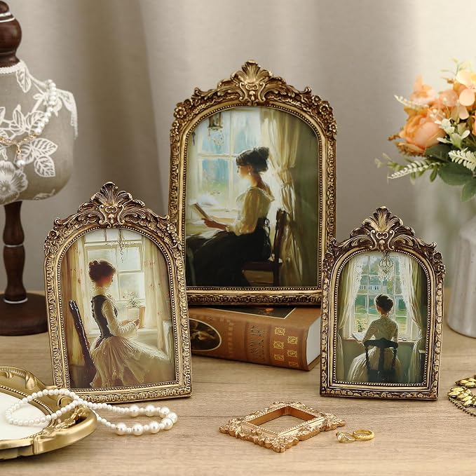 Wonderjune 3 Pcs Vintage Picture Frames Antique Set Baroque Ornate Gold Arched by Wonderjune