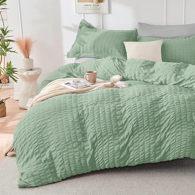 HYMOKEGE Sage Green/Light Grey Queen Comforter Set Seersucker 7 Pieces - Image 2