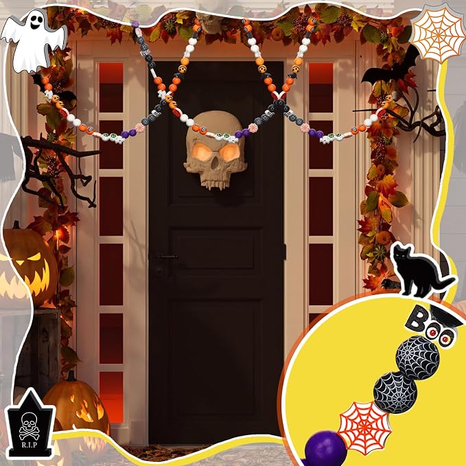 Tradder 200 Pieces Halloween Wood Beads Purple Orange Pumpkin Spider Black Cat - Image 6
