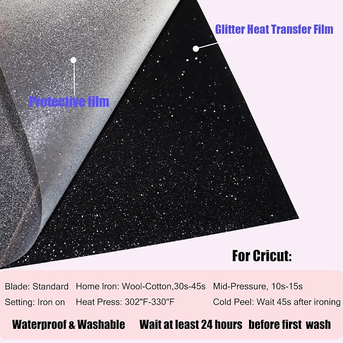 Glitter Heat Transfer Vinyl 12" x 5ft Black Glitter Iron on Vinyl - Image 7