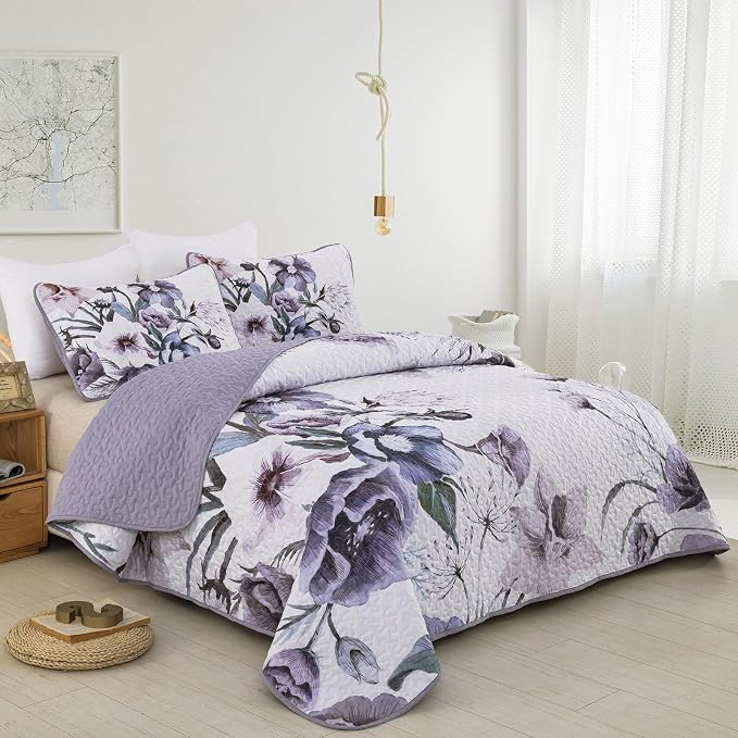 Floral Quilt Set Twin 2 Pieces Boho Purple Floral Quilt Coverlet Set Soft - Image 2
