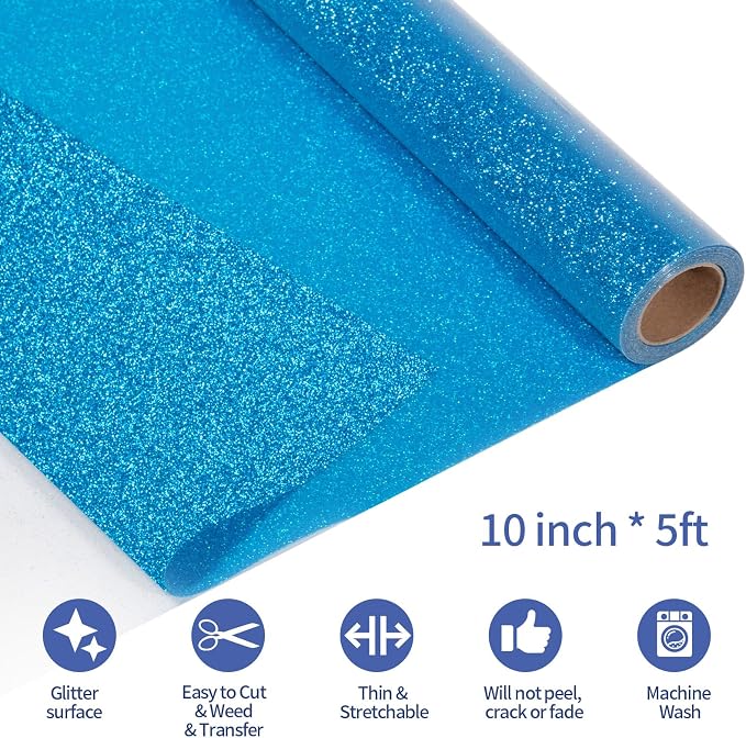 VINYL FROG Glitter HTV Vinyl 10" x5ft Heat Transfer Vinyl Roll Blue Iron on - Image 2