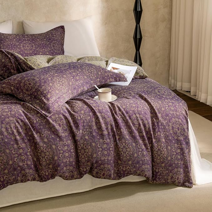 mixinni Purple Green Floral Duvet Cover King Size, Elegant Double-Layer Yarn - Image 4