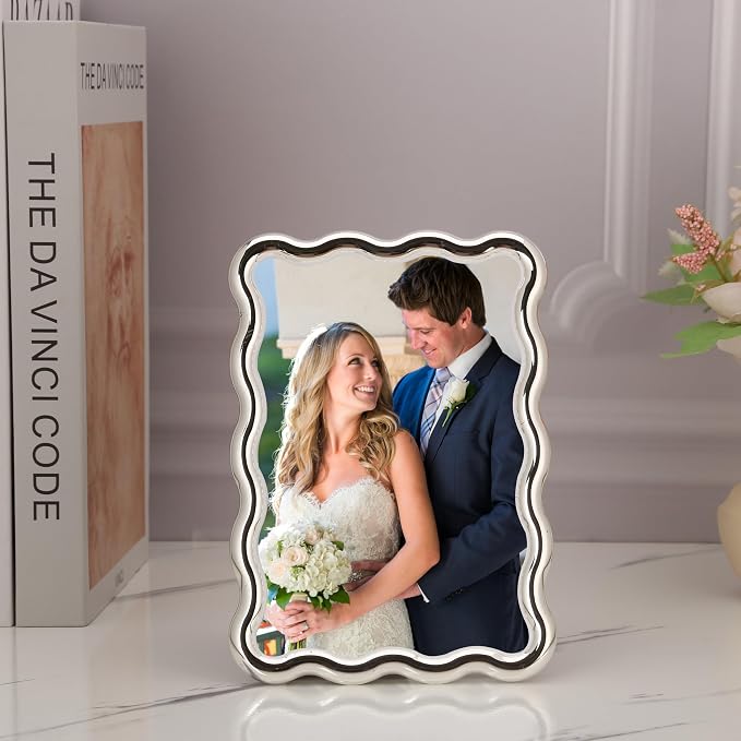 4x6'' Silver Heavy Duty Photo Frame, Wave Design High-End Zinc Alloy Picture - Image 2
