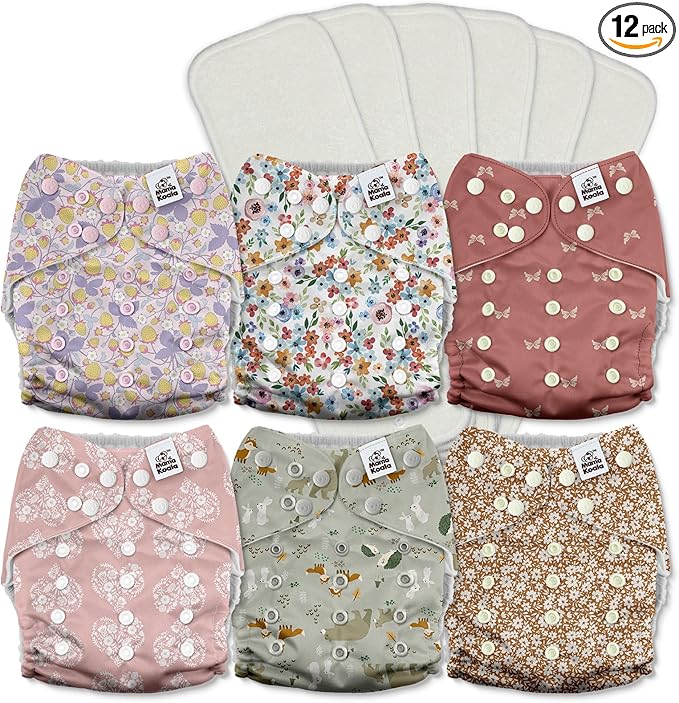 Mama Koala 3.0 Pocket Cloth Diapers for Babies with AWJ Lining, 6 Pack with 6 5-Layer Natural Cloth Diaper Inserts - Reusable and Washable Pocket Diapers(A-Wild Flowers)