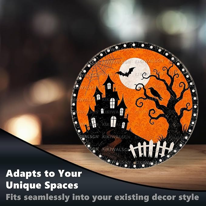 Haunted House Halloween Metal Tin Sign Round Wall Decor Bat Crow Dead Tree - Image 6