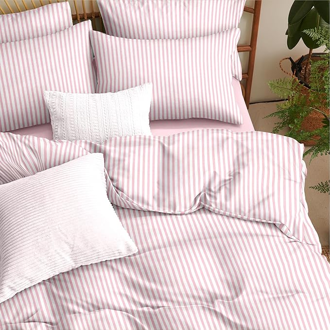 Nayoroom Pink Striped Duvet Cover King Size White Stripe Duvet Cover Dorm - Image 3