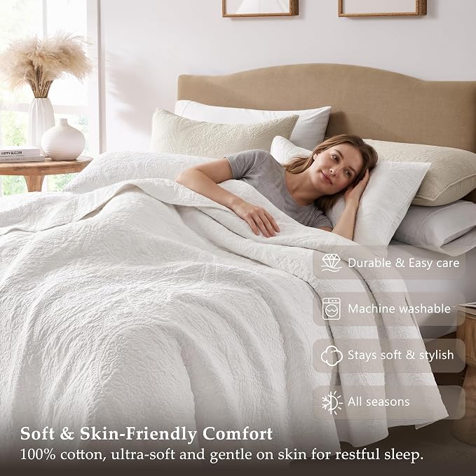 palassio White Paisley 100% Cotton Quilt Twin Size Bedding Sets - Image 5