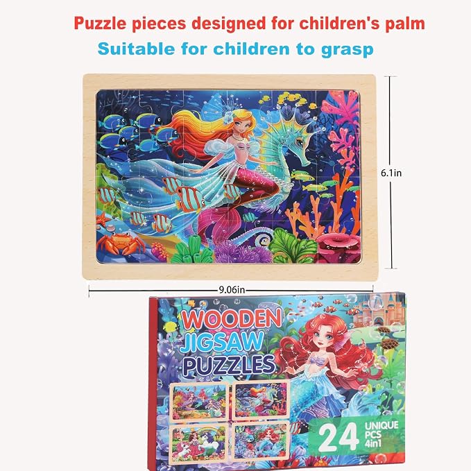 Wooden Puzzles for Kids Ages 4-6, 4 Packs 24 PCs Unicorn Mermaid Princess Fairy - Image 9