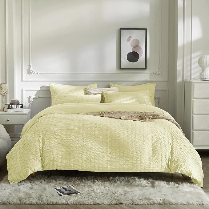 JELLYMONI Light Yellow Duvet Cover Full Size, Soft Breathable Seersucker Duvet - Image 8