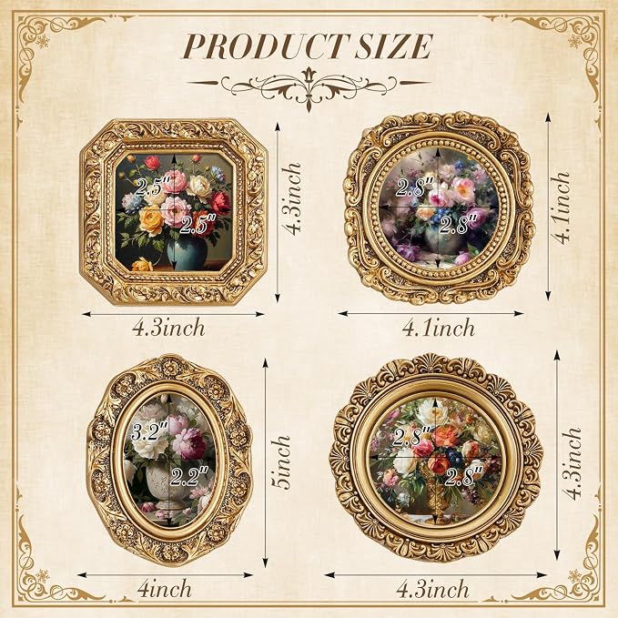 Qunclay Vintage Mini Picture Frames Set of 4, Round Rectangle Ornate Small - Image 2