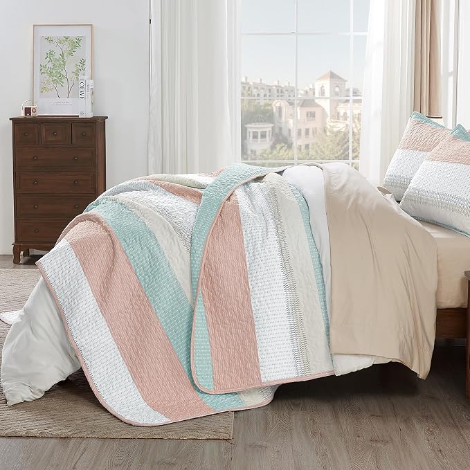 Andency King Size Quilt Set Pink Green, 3 Pieces Summer Ultra Soft Lightweight - Image 4