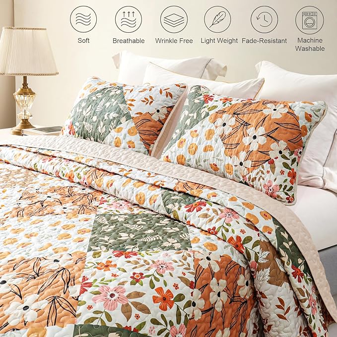 Whale Flotilla Patchwork Quilts Queen Size, Extra Soft Boho Floral Bedspreads - Image 3