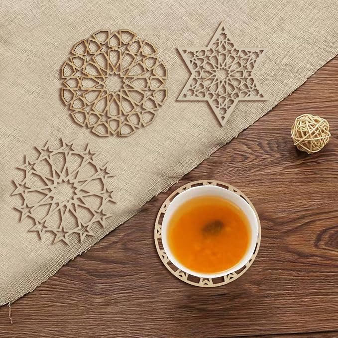 12 pcs 6 Styles Hollow Star Theme Wooden Drink Coasters Snowflake Hexagon - Image 7