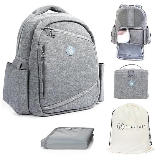 Gear Baby Breast Pump & Diaper bag Compatible with Spectra S1, S2, Medela, Neoprene Wearable Baby Breast Milk cooler Travel Diaper Bag Backpack for Working Mom and Family with Changing Pad (Grey)