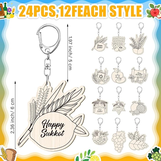 RattanView 24 Pcs Sukkot Crafts Color Your Own Keychains Diy Craft Wooden Blank - Image 2