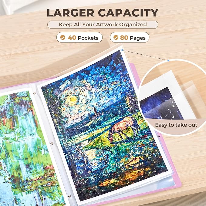 JoyCat 12 x 18 Art Portfolio Binder, 40 Acid-Free Clear Pockets Art Folder - Image 3