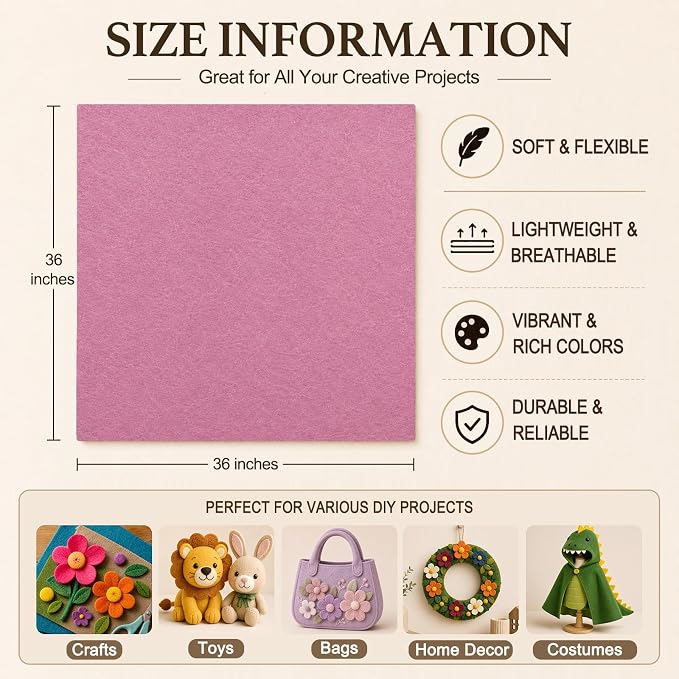 Dusty Pink Large Felt Fabric 36" x 36", 1.4 mm Soft Felt Sheet, Nonwoven Fabric - Image 3