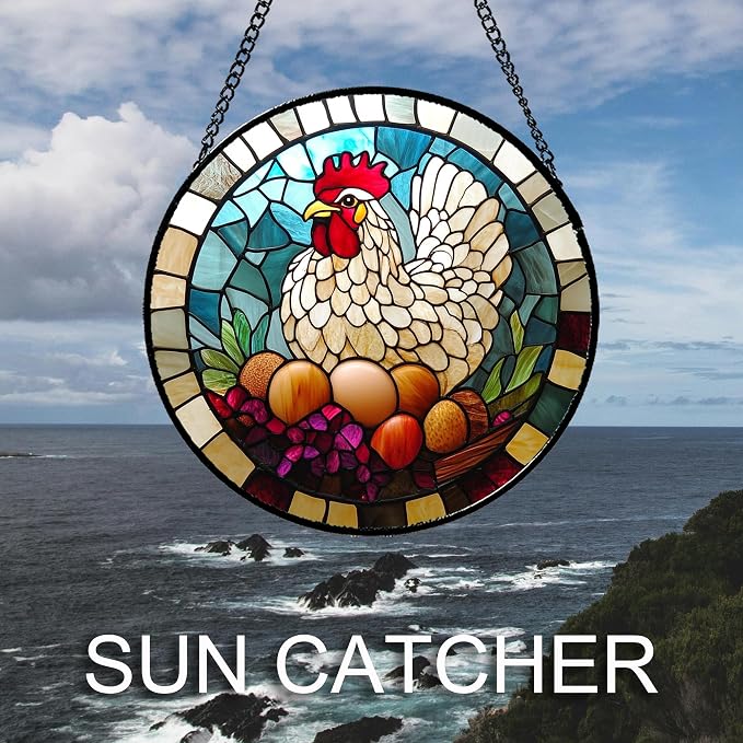 DASTOLL Stained Glass Window Hanging White Chicken Hatching Eggs 7.8" - Image 3