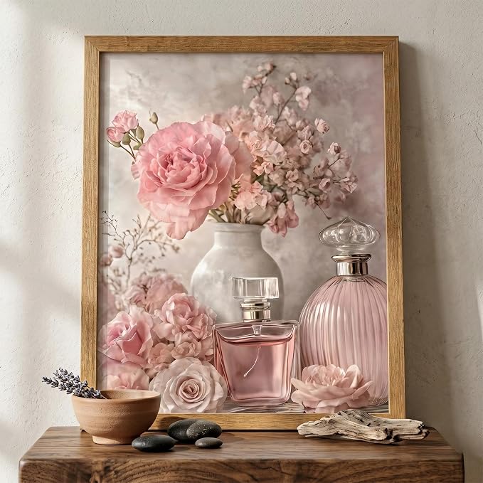 REWBKFIM Pink Floral Canvas Wall Art Vintage Perfume Bottle Rose Flower - Image 5