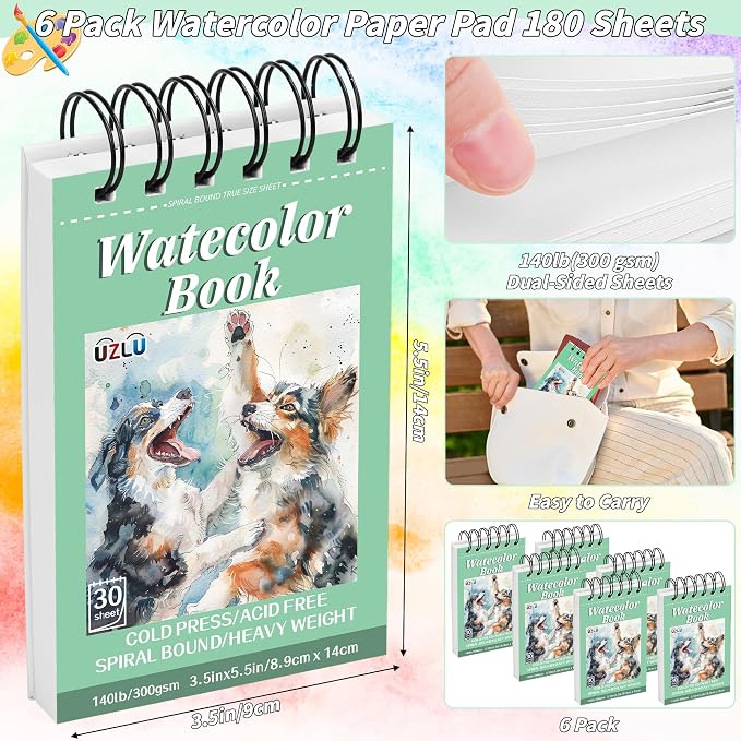 6 Pack Watercolor Paper Pad, 3.5x5.5 Inch Water Color Paper, 140lb/300gsm - Image 2