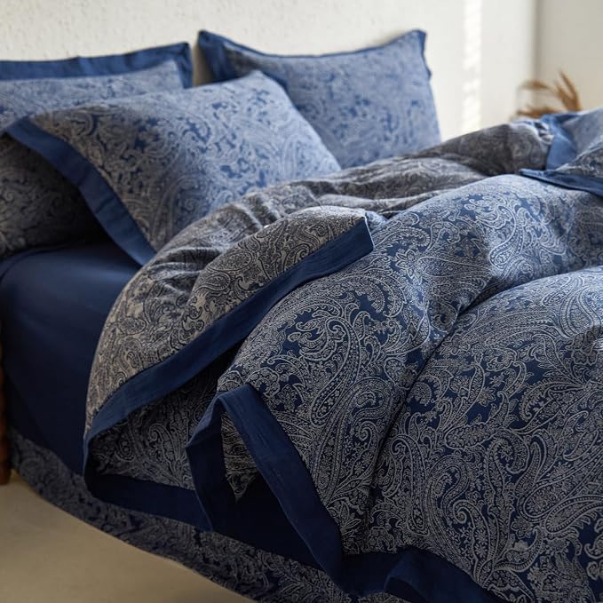 mixinni Muslin Cotton Vintage Navy Blue Paisley Floral Duvet Cover Queen Size - Image 2