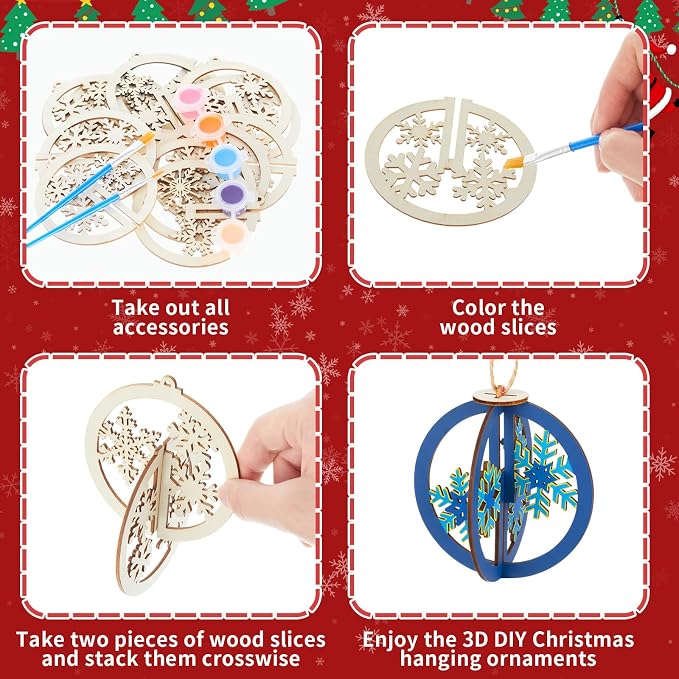 Chunful 72 Pcs DIY Snowflake Wooden Crafts to Paint Winter Snowflake Ornaments - Image 3