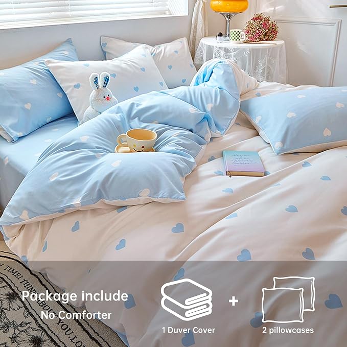 BOLINLIVING Cute Duvet Cover Full Size, Reversible Light Blue & White Heart - Image 4