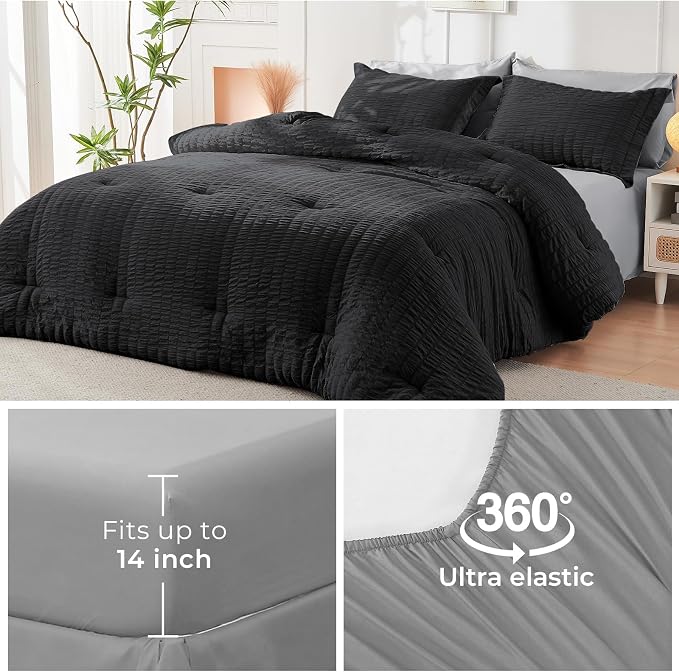HYMOKEGE Black/Light Grey California King Comforter Set Seersucker 7 Pieces - Image 6