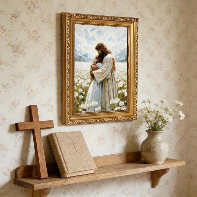 Vintage Gold Framed Jesus Wall Art Jesus Hugging Girl Wall Decor God Embracing - Image 2