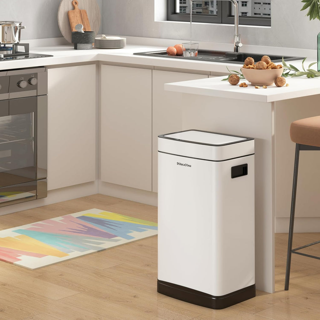 8Gallon/30L Brushed Stainless Steel Kitchen Trash Can with with Press Top Lid,Garbage Can with Inner Bucket(White)