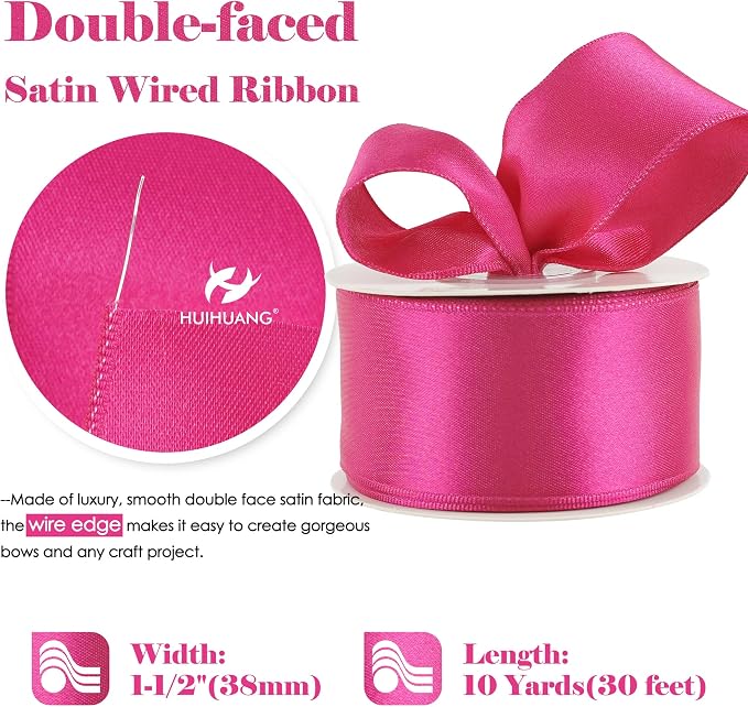 HUIHUANG Hot Pink Wired Ribbon 1-1/2 inch Fuchsia Pink Wire Ribbon - Image 2