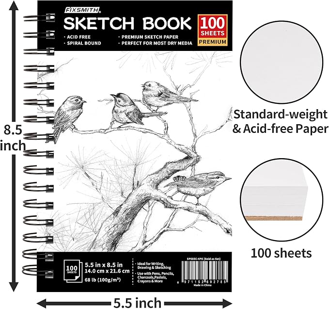 FIXSMITH 5.5"X8.5" Sketch Book | 400 Sheets Sketchbook |Acid Free Drawing Paper - Image 3