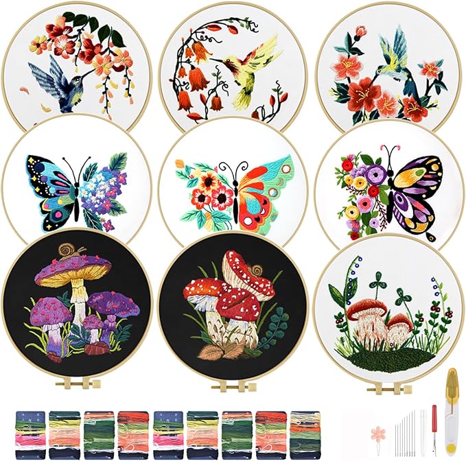 TINDTOP Embroidery Kit for Adult, Hummingbird Butterfly Mushroom Flower Kit | 9 by TINDTOP