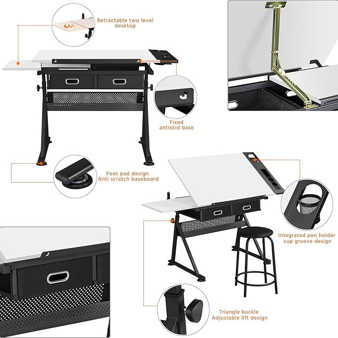 Yaheetech Adjustable Drafting Table Art Desk, Storage Drawers & Stool - Image 4
