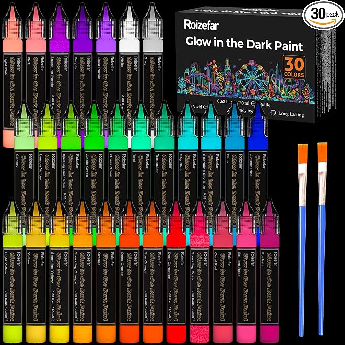 Roizefar Glow in the Dark Paint, 30 Colors 3D Permanent Acrylic Fabric Paints by Roizefar