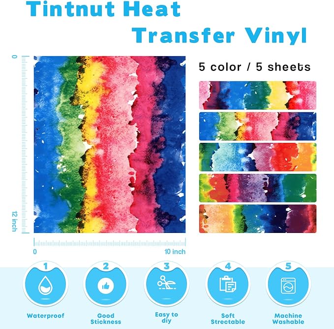 Tintnut Multicolor Watercolor Heat Transfer Vinyl, PU HTV sheets, easy cut & - Image 2